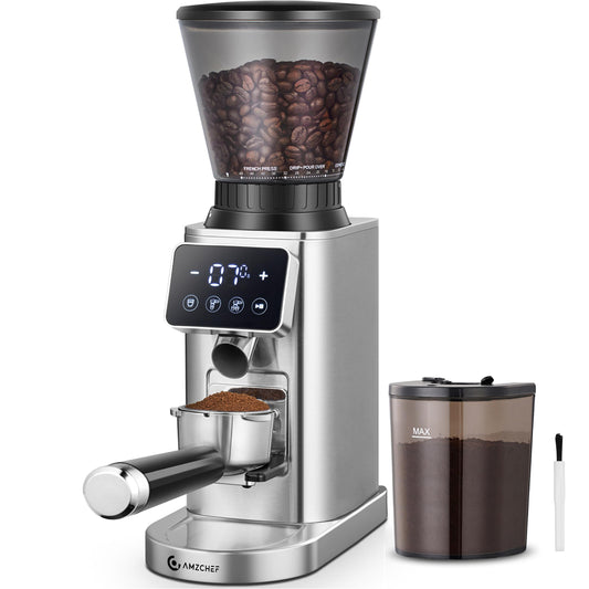 AMZCHEF Burr Coffee Grinder, 48 Settings, Less Static Mess, Metallic Silver 40mm Burr, Low Retention, 0.5s LED Timer, Stainless Steel Body, Fit 51-54/58 Espresso Portafilter, Cleaning Brush Included