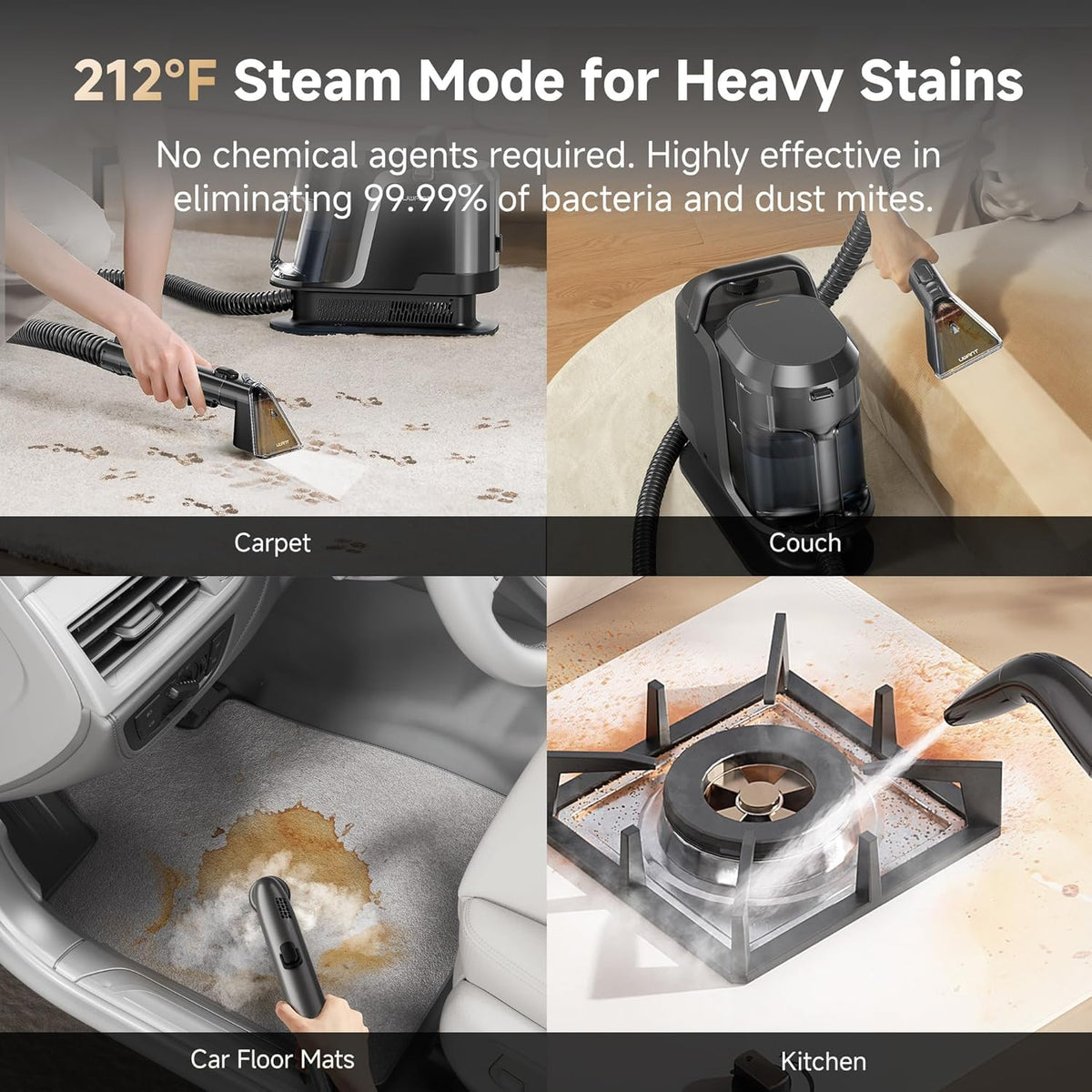 Uwant Carpet Cleaner Machine with Steam&Hot&Cold Water System, 18KPa Powerful Suction, Multi-Purpose Upholstery Cleaner for Carpet, Stairs, Sofa & Pet Messes, Portable Carpet Steam Cleaner Set of 1
