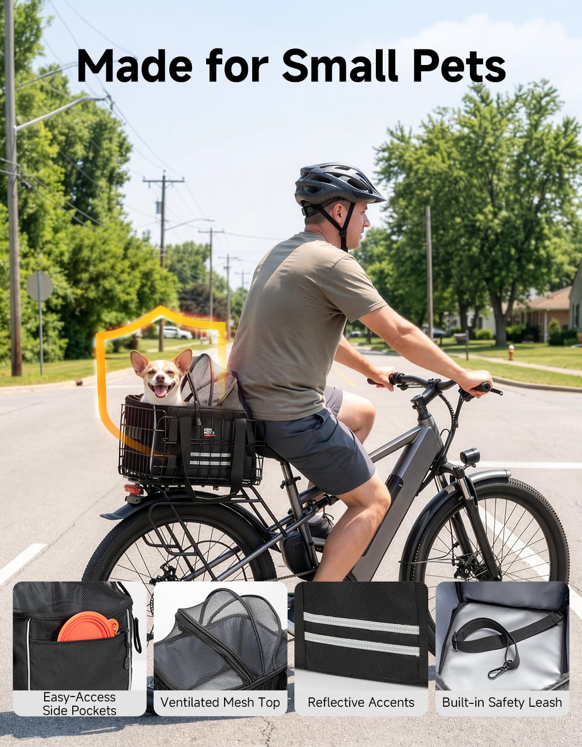 KEMIMOTO Dog Rear Bike Basket, Foldable Metal Frame & 900D Pet Carrier Fits Small Dogs/Cats Up to 17 lbs, Built-in Safety Leash, Grey Interior Reduces Heat, Removable Washable Pad, Breathable Mesh