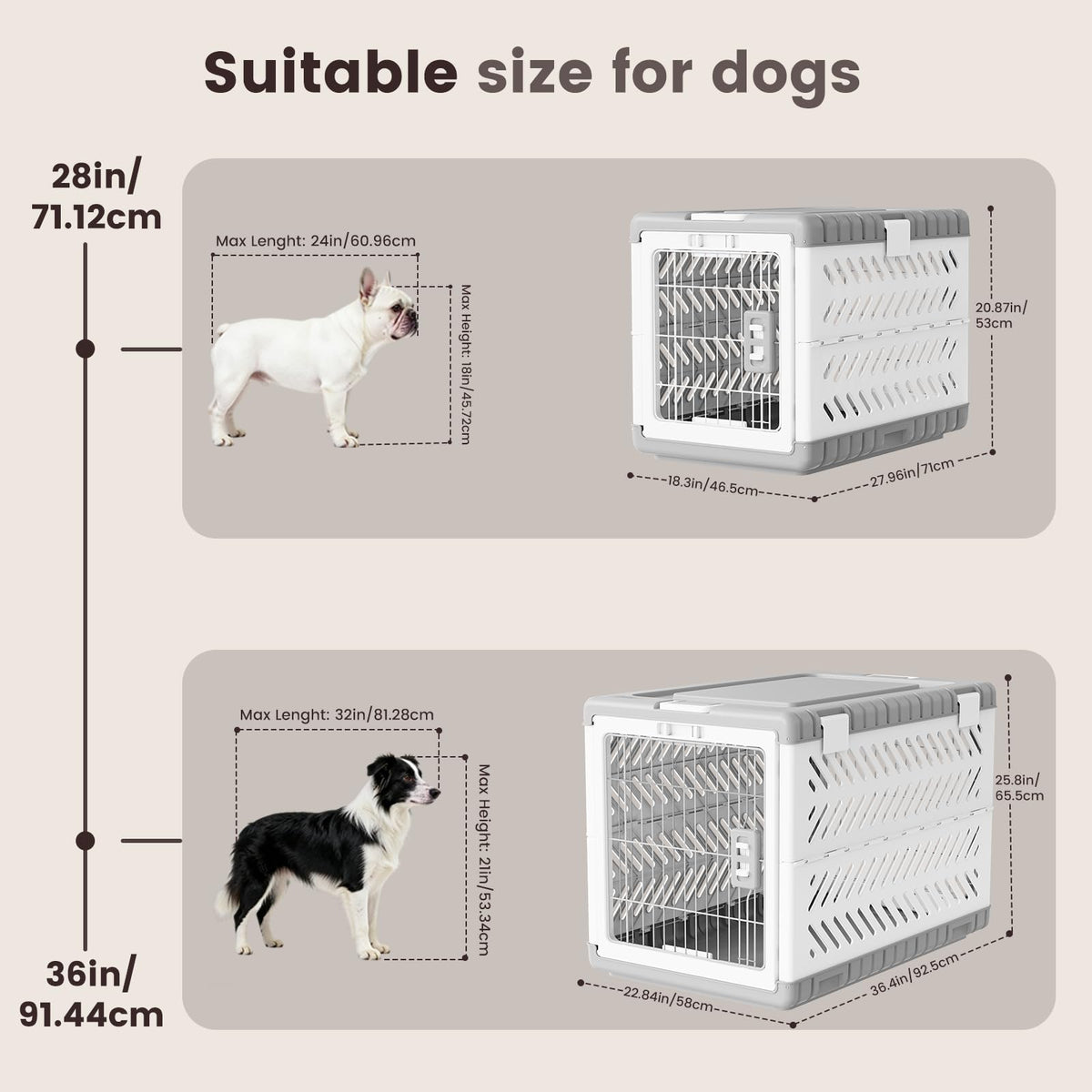 Collapsible Dog Crate for Medium/Small Dogs - 28" L Foldable Dog Cage No-Tool Assembly, Travel Dog Crate with 2 Wheels - Easy to Carry, Space-Saving, Indoor Outdoor Use, 27.96"(L) X18.3(W) X20.87(H)