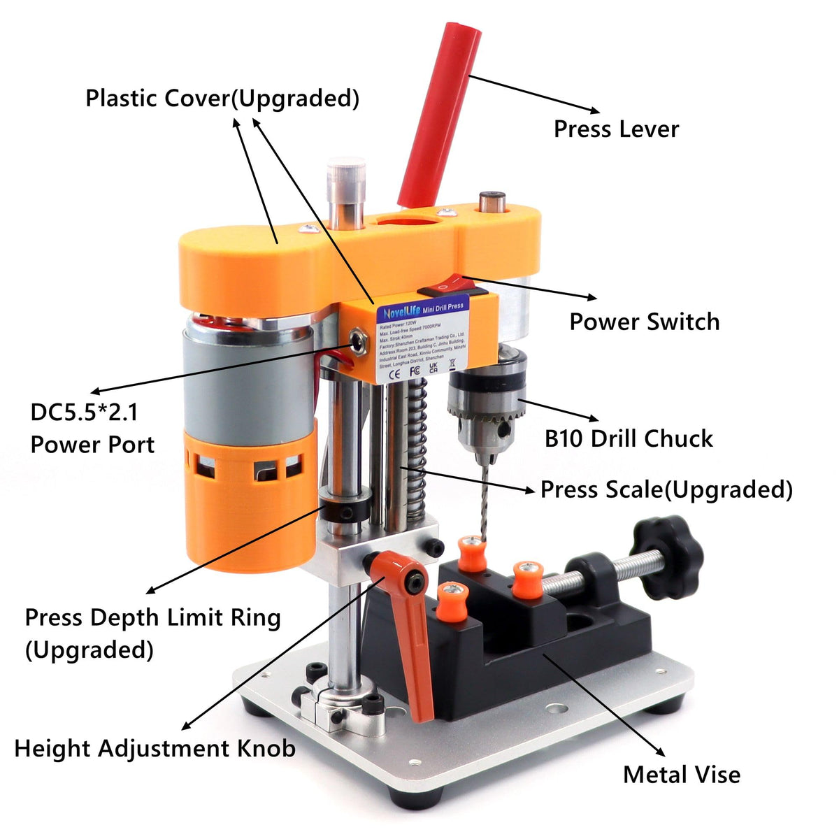 Precision Mini Drill Press Benchtop Driller Machine B10 Upgraded Compact desk size, compatible with 0.6mm-6mm drill bit, 40mm max. stroke, precise drilling on wood, metal, jewelry DIY crafts