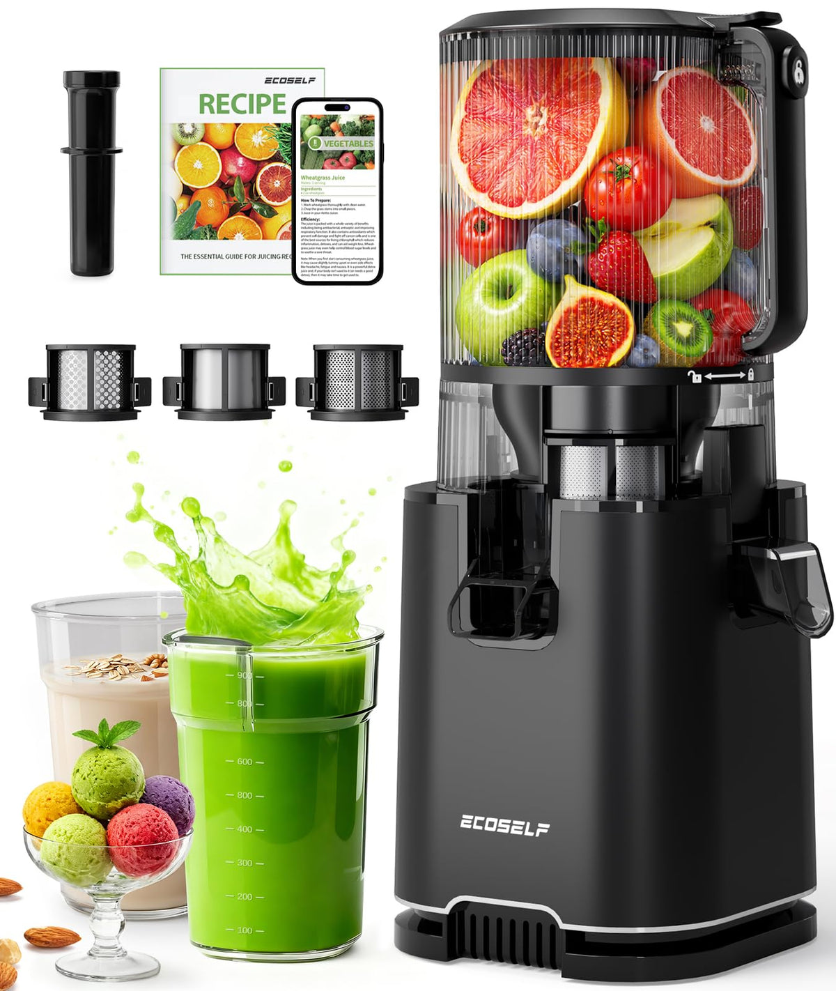 ECOSELF 3-in-1 Juicer Machines, 6.0" Wide Mouth Hopper, Easy to Clean Juice, Sorbet, Nut Milk with 3 Filters | 100oz Large Capacity fit Whole Produce | With Recipe Cold Press Juicer | With Pusher