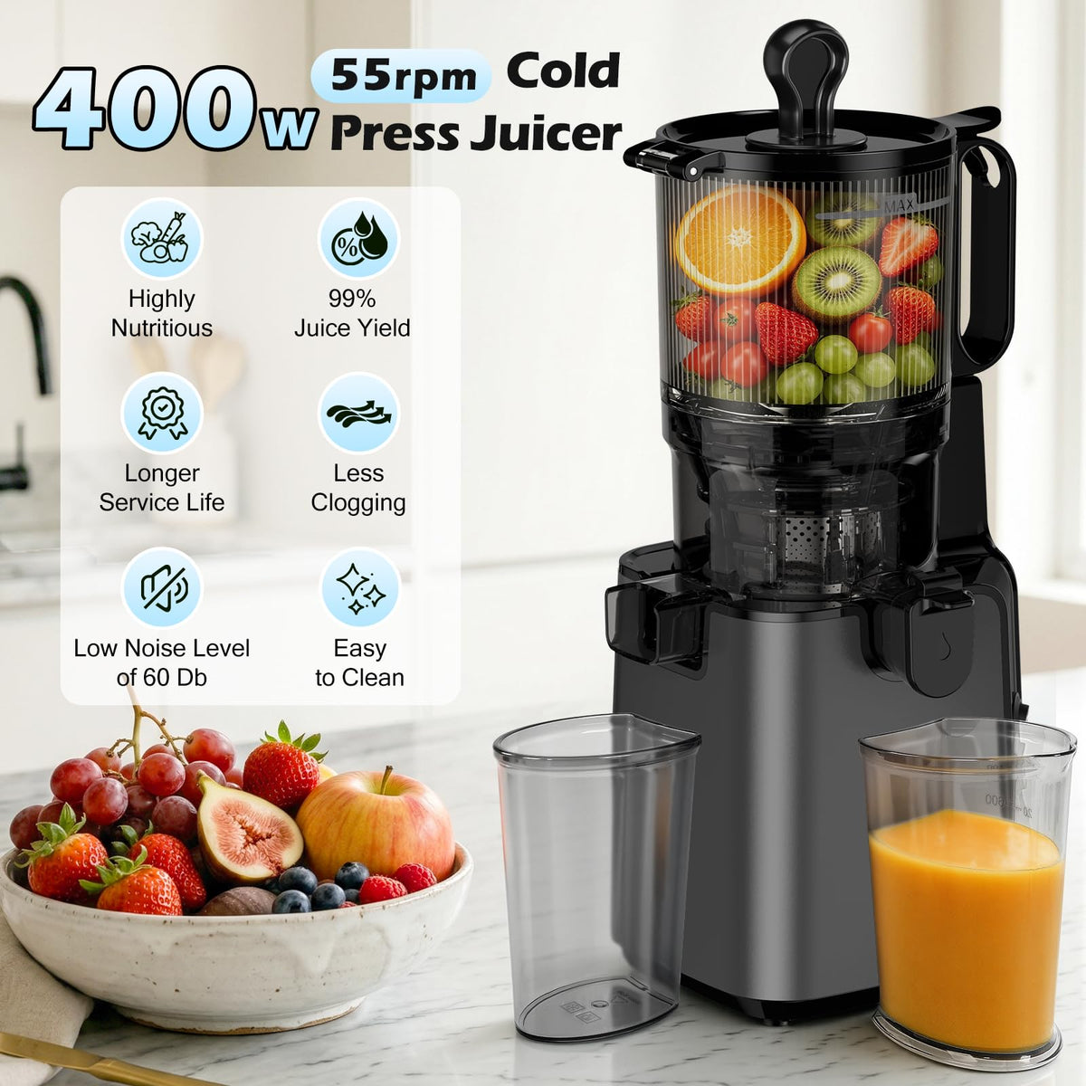 YPONE Juicer Machines 2-in-1 Cold Press Juicer Easy to Clean Titanium gray Making Juice, Nut Milk, 5.8" Large Chute , 400W Power Reverse Function With Pusher