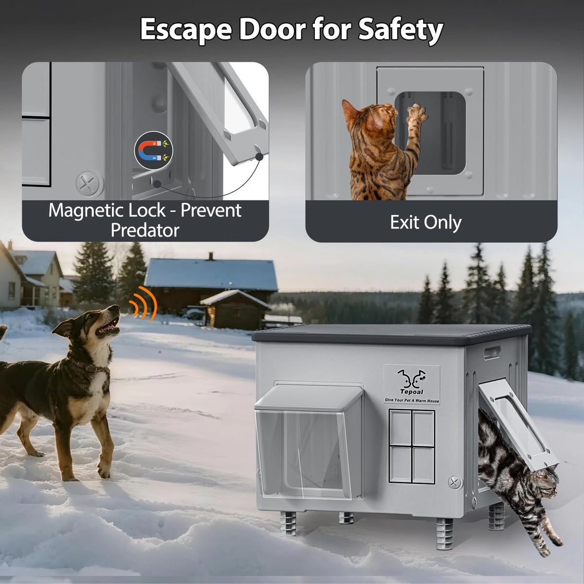 Indestructible Heated Cat House for Outside - Extremely Waterproof & Weatherproof Heated Outdoor Cat House with Escape Door for Winter, Insulated Feral Cat Shelter for Barns Strays, 17.7x15x17.5 in