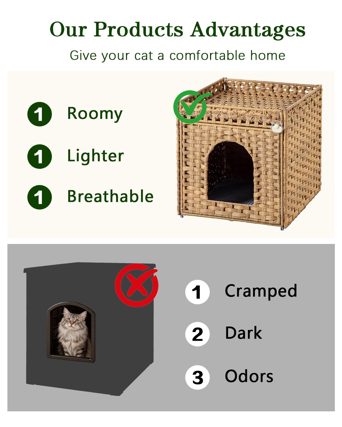 SETVSON Cat Litter Box Enclosure Furniture, Hidden PE Rattan, Natural PE Rattan Kitty House with Top Fence, Fits Standard Litter Box, Included Litter Mat, 2 S-Hooks, Sturdy Metal Frame