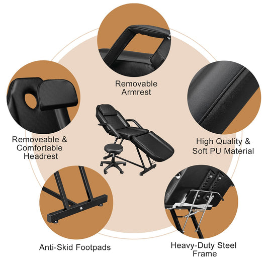 OmySalon Massage Salon Tattoo Chair Esthetician Bed with Hydraulic Stool,Multi-Purpose 3-Section Facial Bed Table, Adjustable Beauty Barber Spa Beauty Equipment, Black