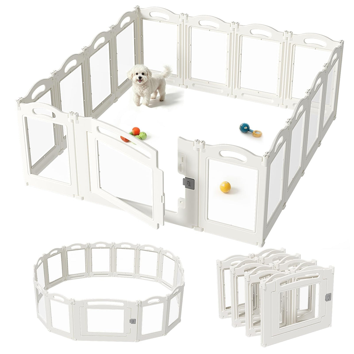 Foldable Clear Acrylic Dog Playpen with Door, 23.6" Acrylic Puppy Playpen, Easy Assemble Indoor Pet Fence with White Frame, Clear Dog Playpen for Puppies & Animal (White, 23.6‘H, 12 Panels + 1 Door)