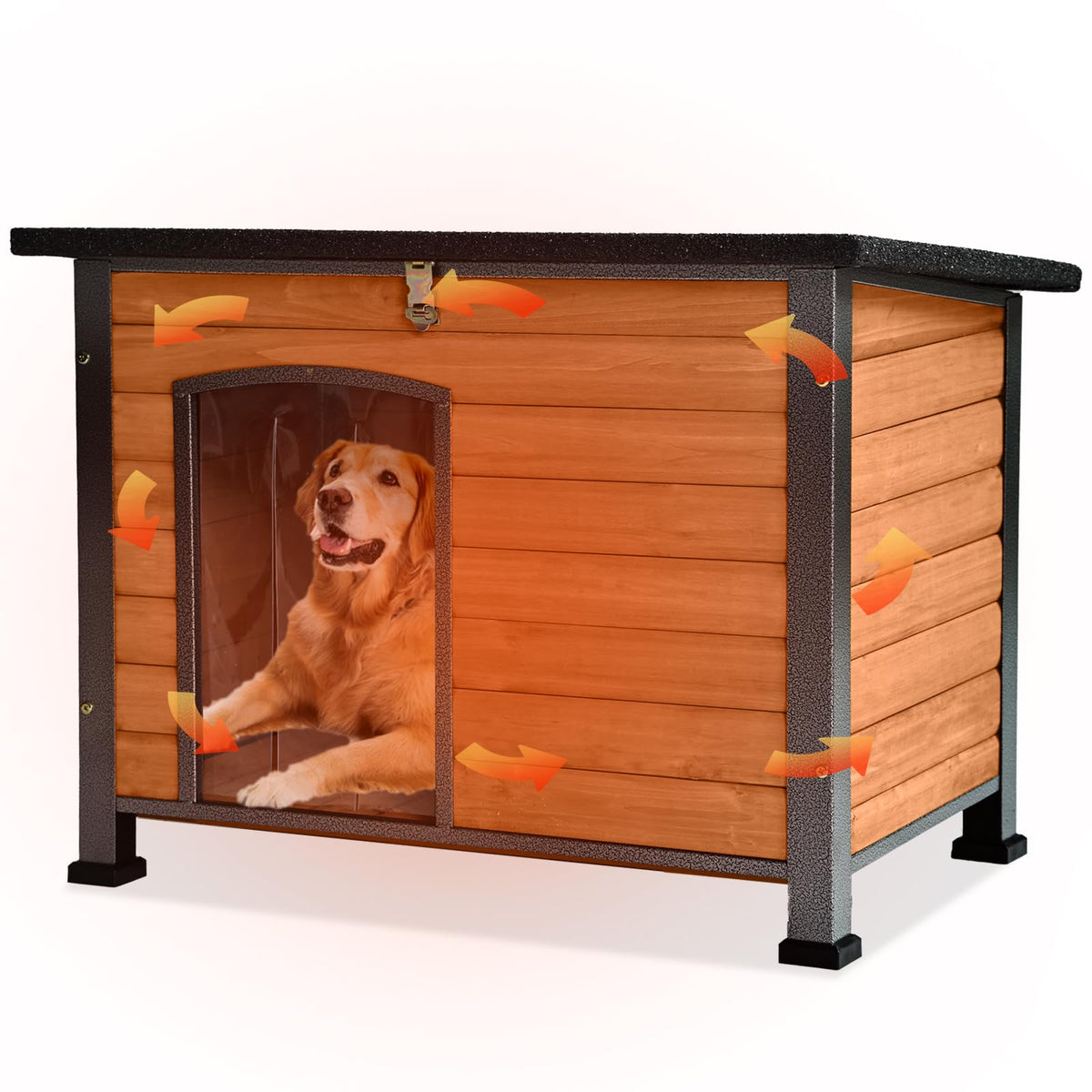 GUTINNEEN Large Outdoor Insulated Dog House Weatherproof Dog Kennel Indestructible Dog Shelter with Chew-Proof Full Metal Frame, Openable Roof for Small to Large Dog Breeds (33.5"L x 22"W x 25.2"H)