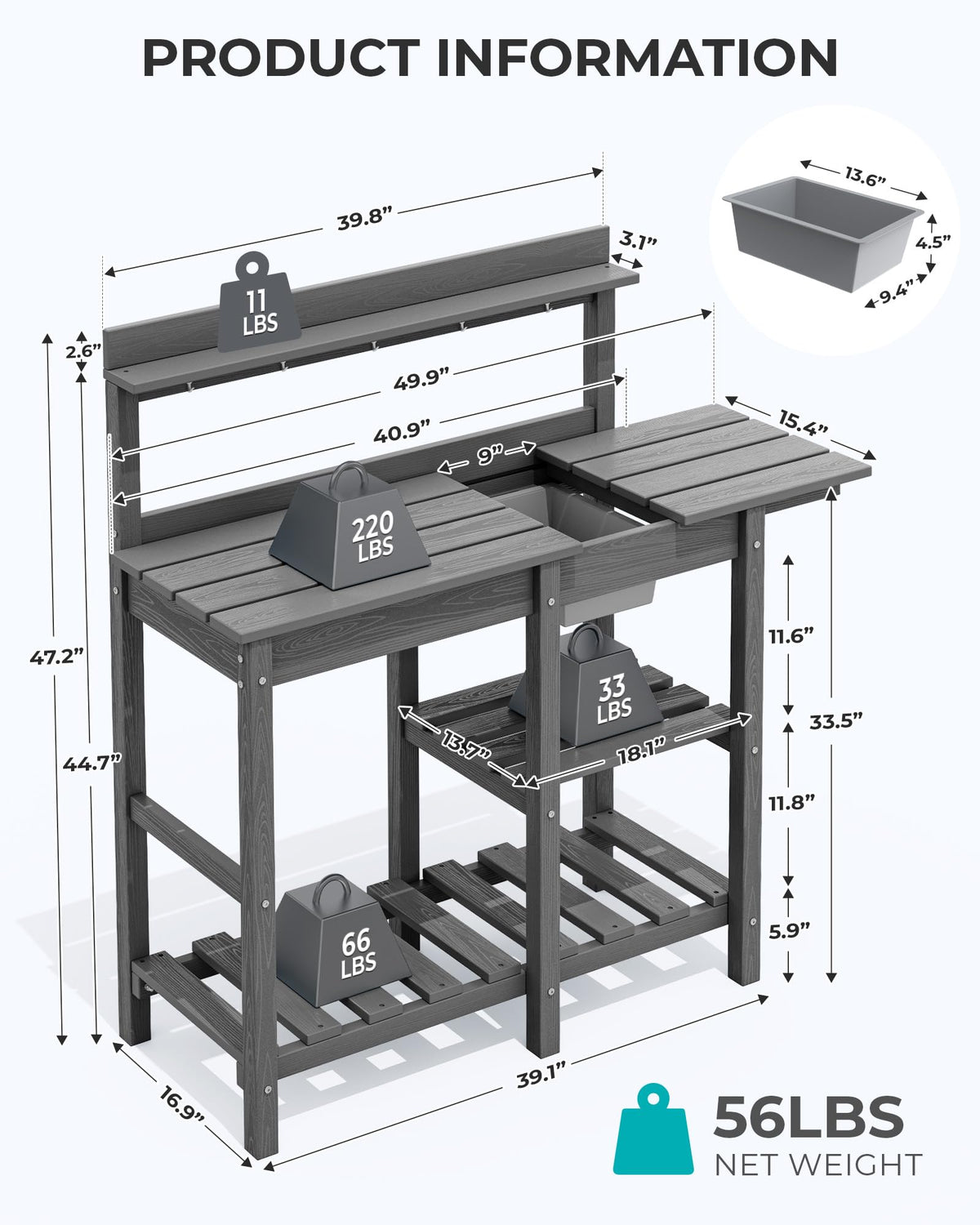 SERWALL Outdoor Potting Bench with Removable Sink,Gardening Table,Grey Waterproof HDPE Structure,Expandable Tabletop,Spacious Storage,Tool Hooks,Perfect for Gardening Use