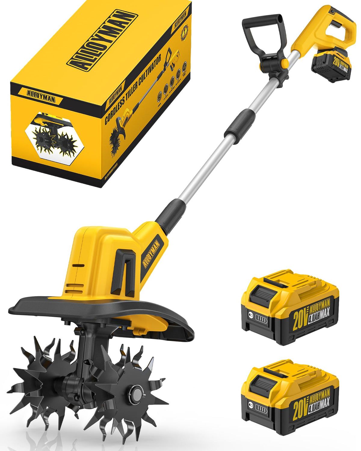 Alloyman 20V Cordless Tiller Cultivator, 360RPM Electric Garden Tiller, with 2 * 4.0Ah Batteries & Charger, 9In Tilling Width and 6.6In Depth Garden Rototiller for Lawn/Gardening/Soil Cultivation