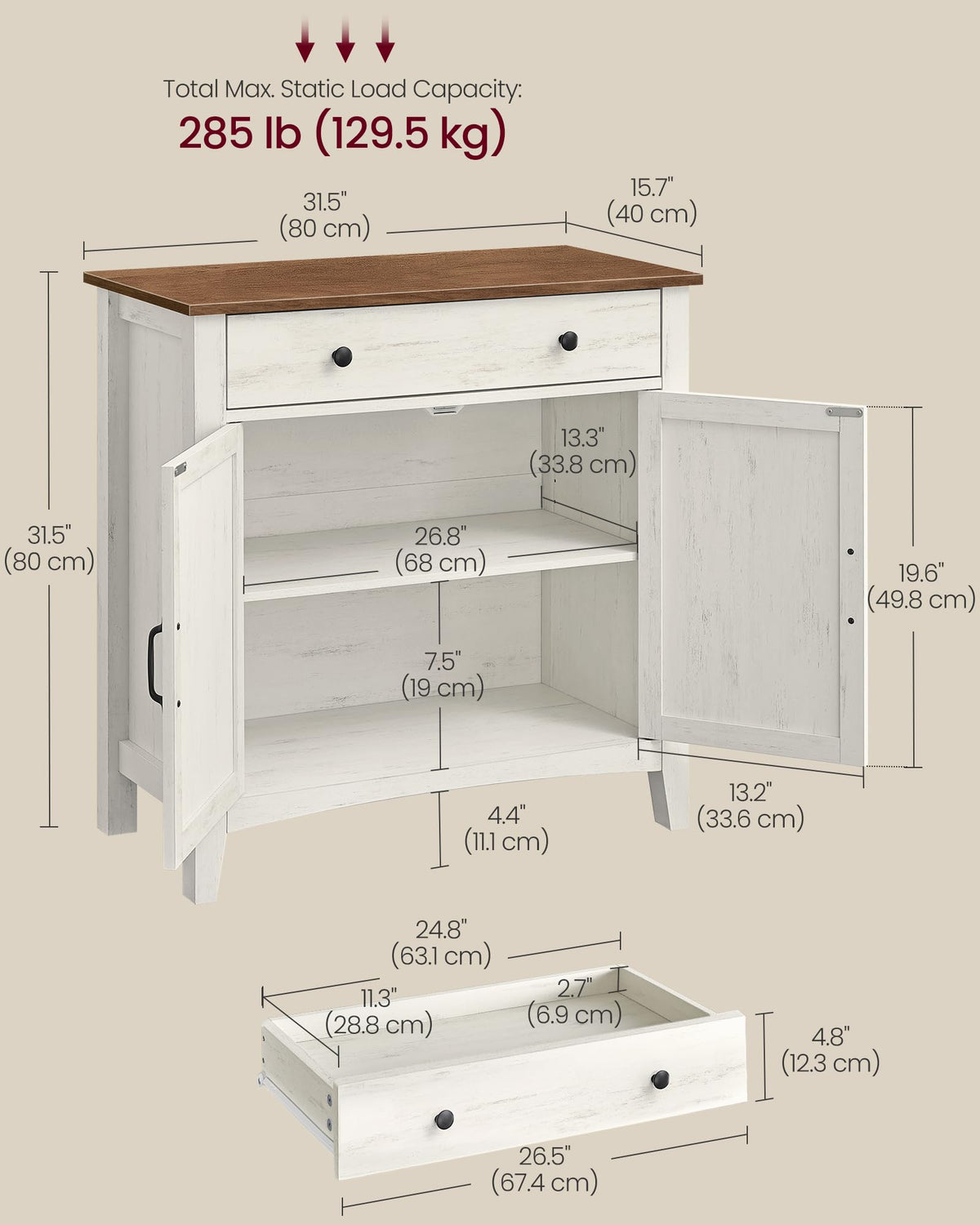 VASAGLE Buffet Cabinet, Coffee Bar with a Drawer, Adjustable Shelf Sideboard Storage with Cable Hole, Drawer Divider, Rustic White and Honey Brown, LIRY Collection UBBK341W01