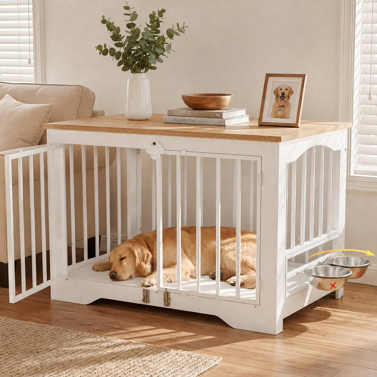 Dog Crate Furniture 38in, Wooden Indoor Pet Kennel End Table Modern farmhouse wooden indoor kennel with 360 Degree feeder door, double latches, solid base for medium dogs, Natural White