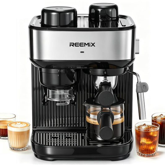 Reemix 6 Bar Espresso Machine with Built-in Conical Burr Grinder Fixed Pre-Set Grind Dose & Size, No Manual Adjustments Needed, Brews 2 Cups at Once, Simple Operation for Home Baristas