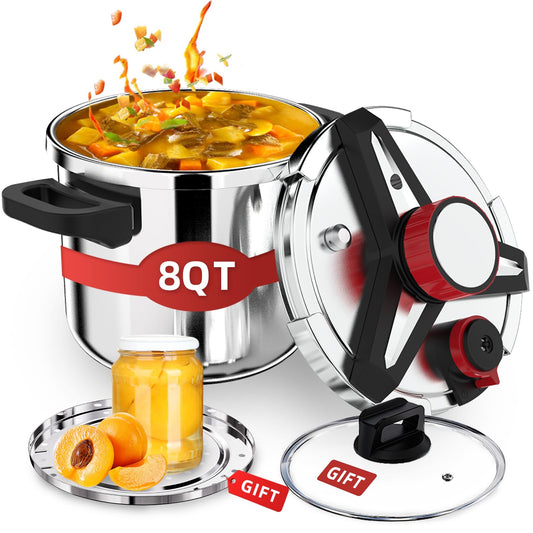 3-In-1 304 Stainless Steel Pressure Cooker 8 QT: [Save 70% Time] [3 PSI Settings], One-Hand Locking Pressure Canner, Induction Compatible Olla de Presion, Glass Lid & Steamer Rack Included