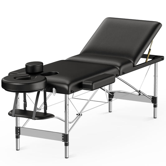 Brelley 3 Sections Aluminum Adjustable Massage Table Portable 22.8" W Black Aluminum Frame Adjustable Height, Professional Esthetician Lash Spa Tattoo Bed, 490Lbs Load Capacity, with Carrying Bag