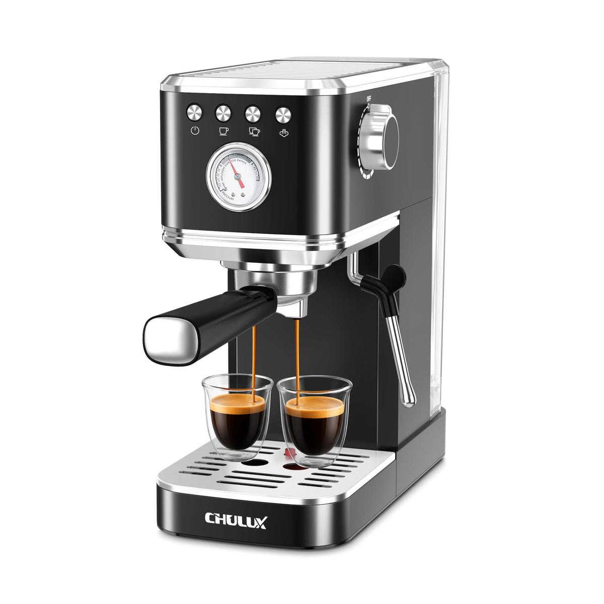 CHULUX Slim Espresso Machine with Milk Frother for Home Cappuccino, Black Precise Pressure Gauge, Food-Grade Materials, 20 Bar Italian Pump, Professional Temperature Control System, Stainless Steel