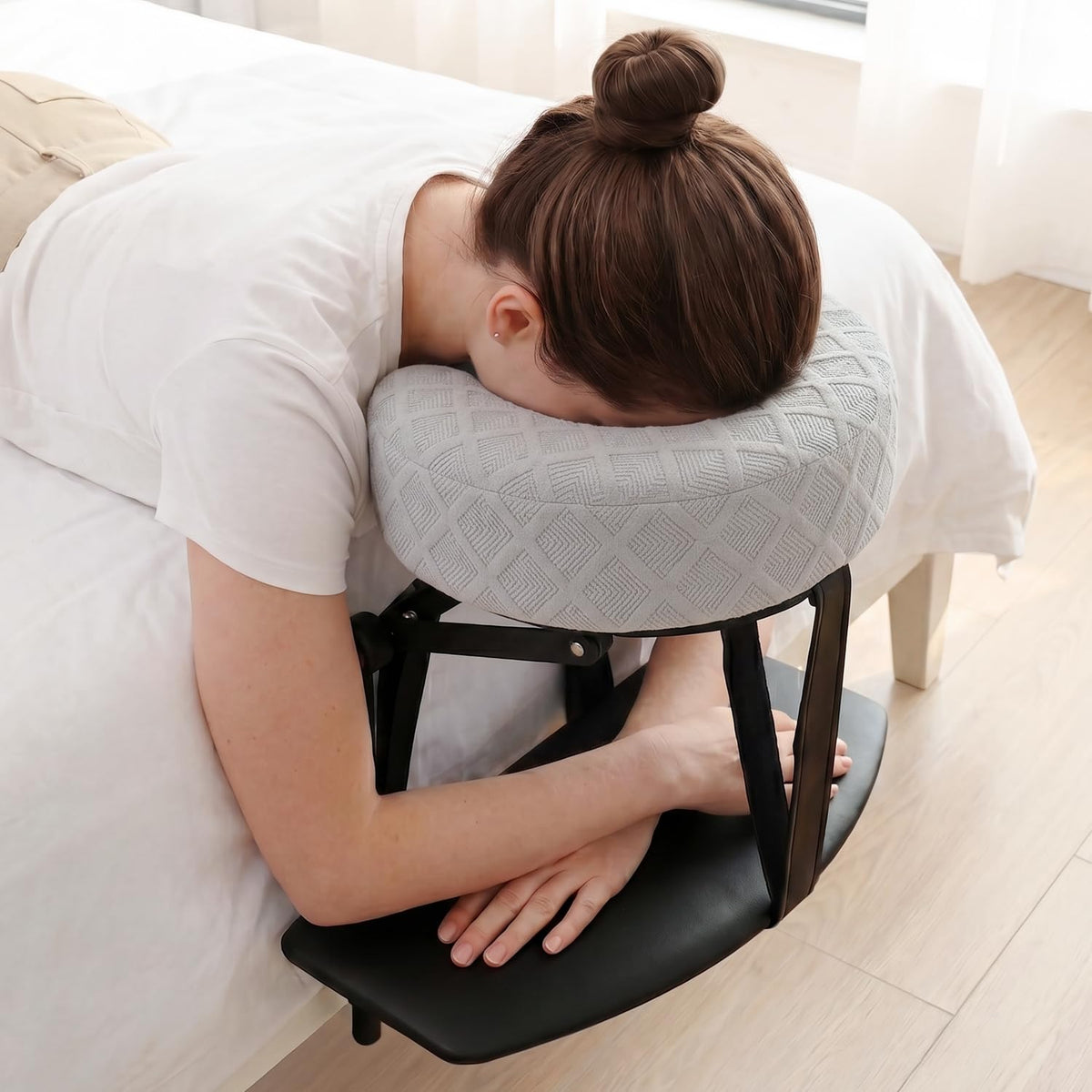 Massage Headrest for Bed, Adjustable Bed Face Cradle Holder with Armrest Fits 6"-17" Mattresses, Adjustable Height & Angle, Comfortable Face-Down Support, Quick Tool-Free Setup, Foldable Design