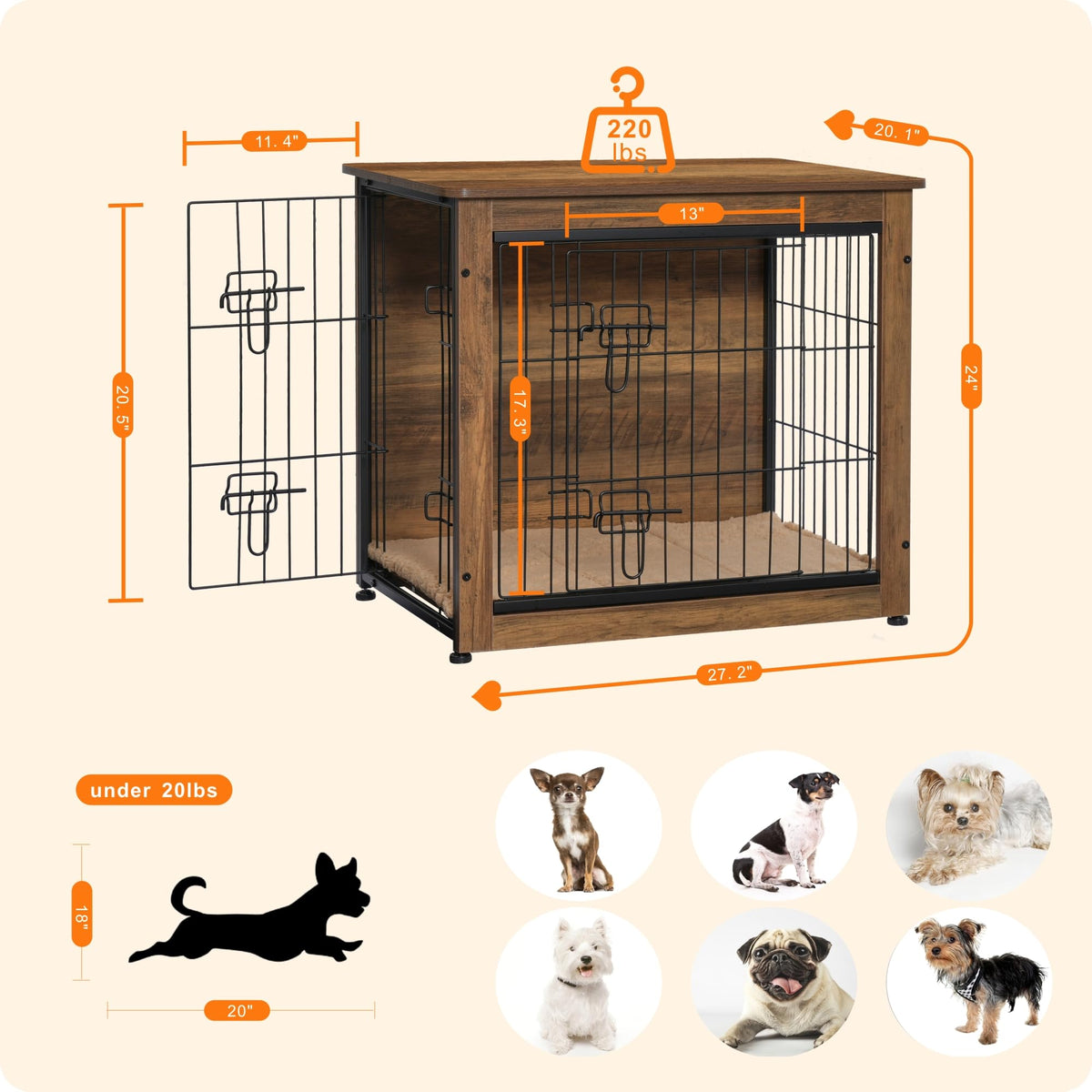 DWANTON 27" Dog Crate Furniture, Dog Kennel Indoor, with Waterproof Cushion Small Wooden Kennel Table Indoor, Double Doors, Decorative Pet House as TV/Night Stand Side/End Table, Warm Brown
