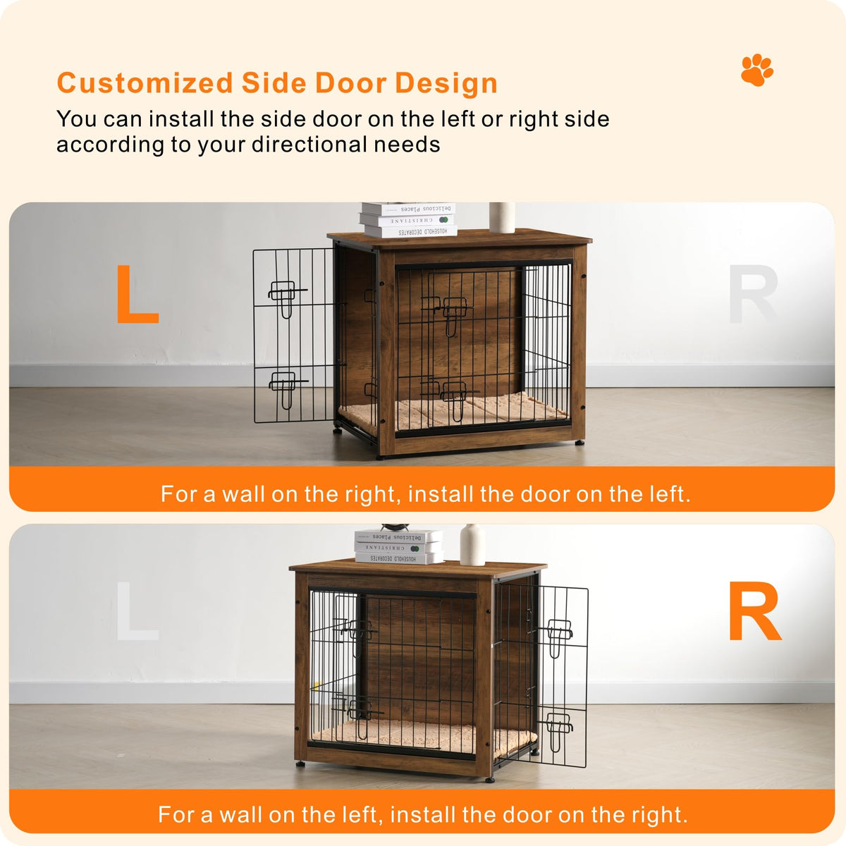 DWANTON 27" Dog Crate Furniture, Dog Kennel Indoor, with Waterproof Cushion Small Wooden Kennel Table Indoor, Double Doors, Decorative Pet House as TV/Night Stand Side/End Table, Warm Brown