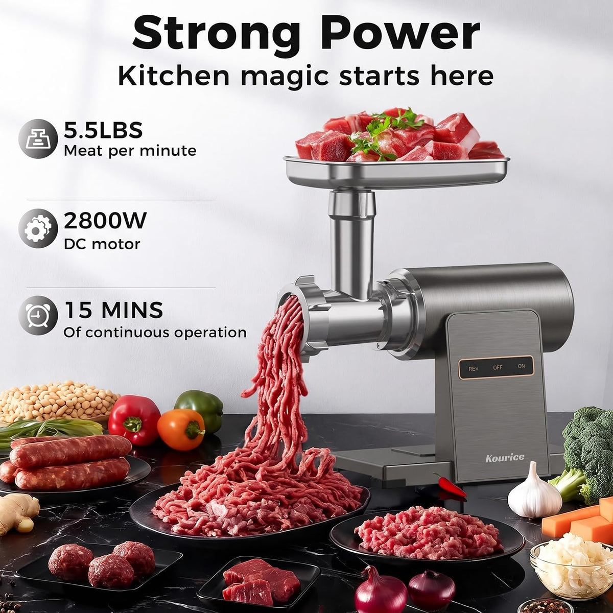 Electric Meat Grinder for Home Use, 2800W Peak Power, Heavy Duty Metal Body with Auto-Reverse, 2 Blades & 3 Grinding Plates, Sausage Stuffer & Kibbeh Kit, Easy Clean