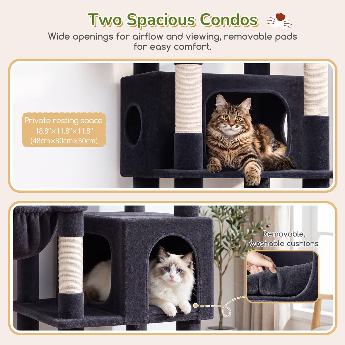 Globlazer 74in Heavy Duty Cat Tree Tower for Indoor Cats Large Adult, S74 Sturdy Cat Tower with 7 Scratching Posts, 2 Widened Padded Condos for Big Cats, Dual-Ear Baskets, Enlarged Perch