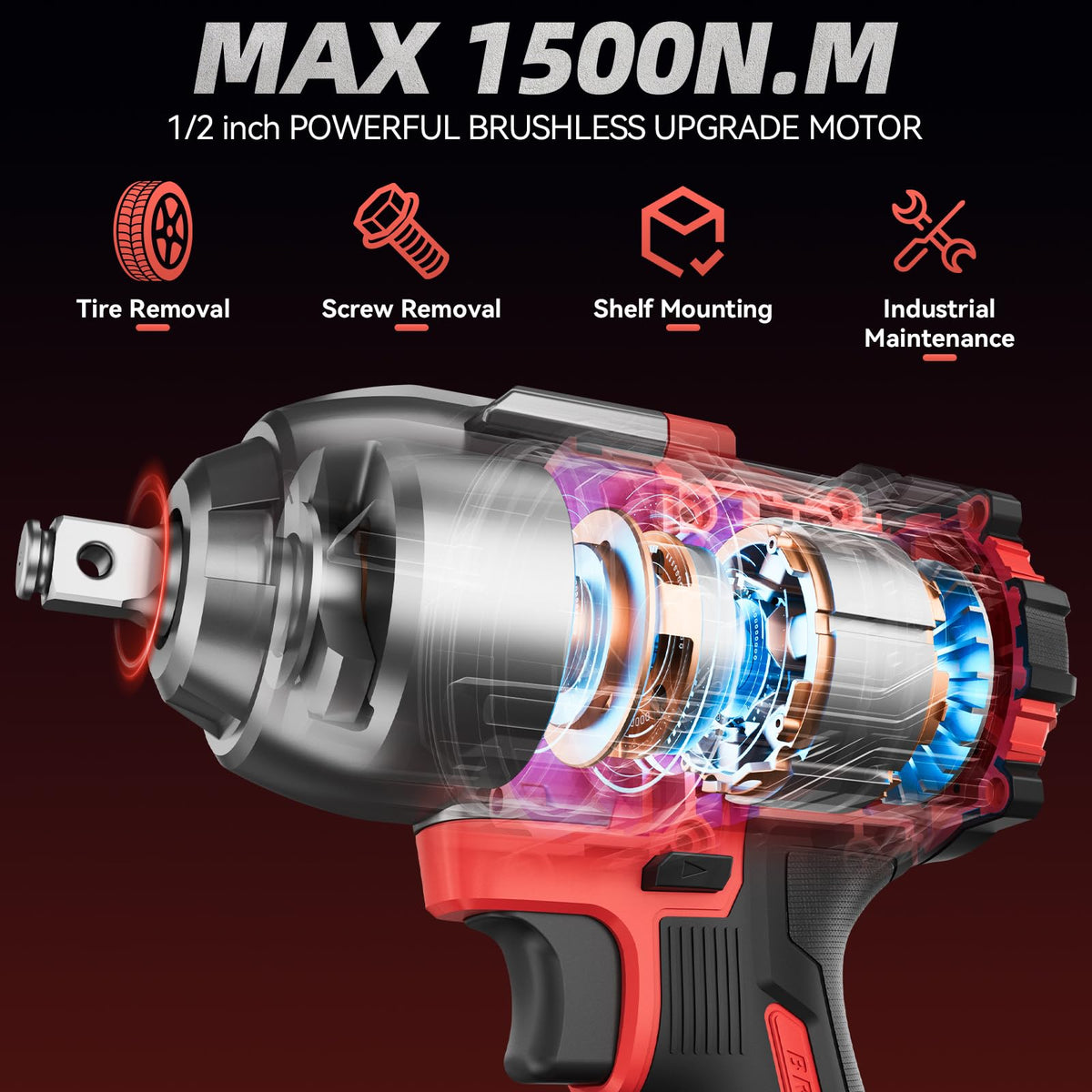 1/2" Cordless Impact Wrench 1107Ft-lbs(1500N.m) with 21V 2 Battery Brushless High Torque 1/2 Impact Gun , 3-Mode Speed, Electric Impact Driver with 4 Socket for Home Car Pickup Truck RV Mower