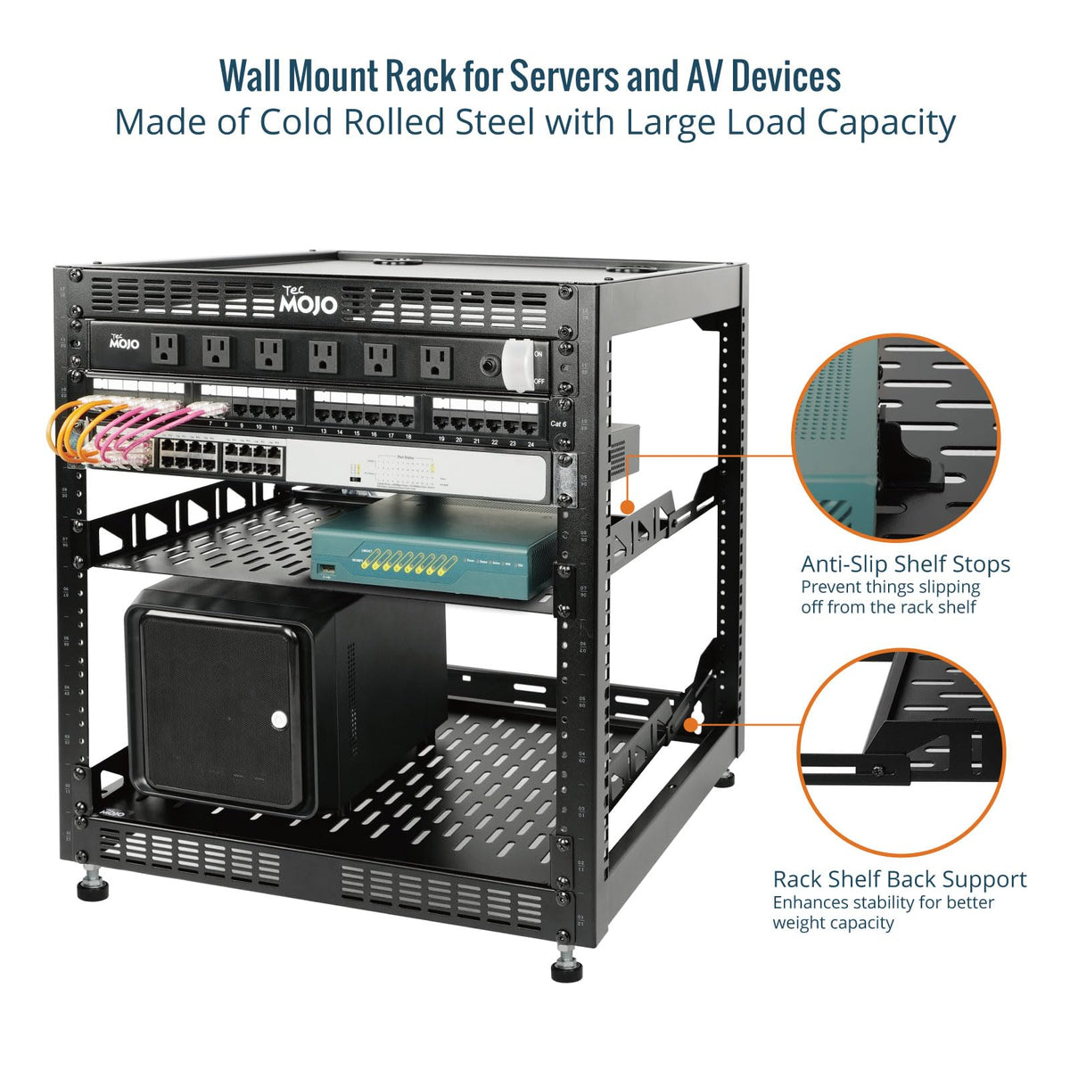 Tecmojo 12U Open Frame Network Rack for IT & AV Gear, AV Rack Floor Standing or Wall Mounted,with 2 PCS 1U Rack Shelves & Mounting Hardware,Network Rack for 19" Networking,Audio and Video Device