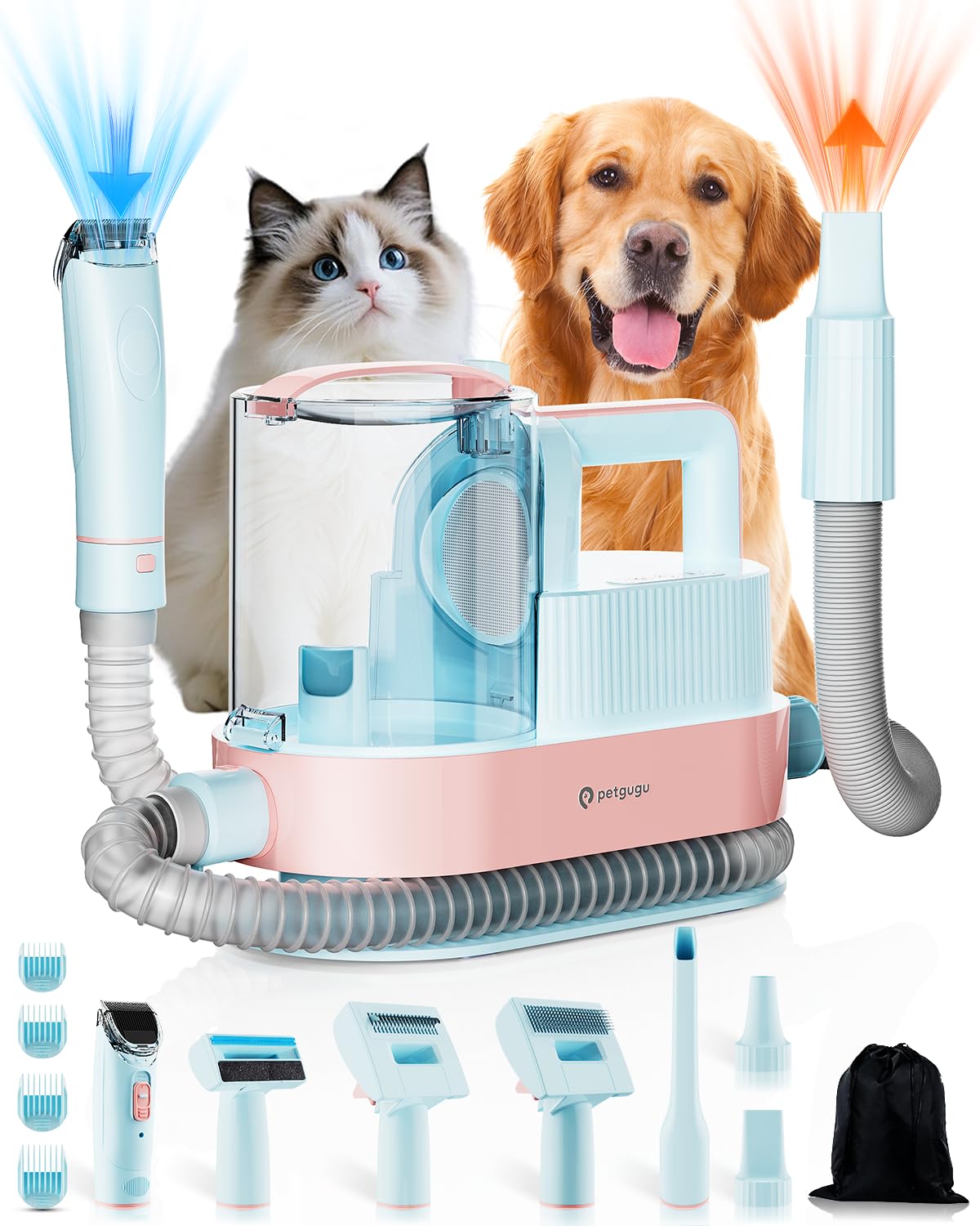 PETGUGU 11-in-1 Dog Grooming Vacuum & Dryer for Shedding/Grooming/Trimming Vacuum & Blower & Metal Blade Pet Clippers 13000Pa Suction 2.5L Dust Cup 45dB Low Noise, Storage Bag