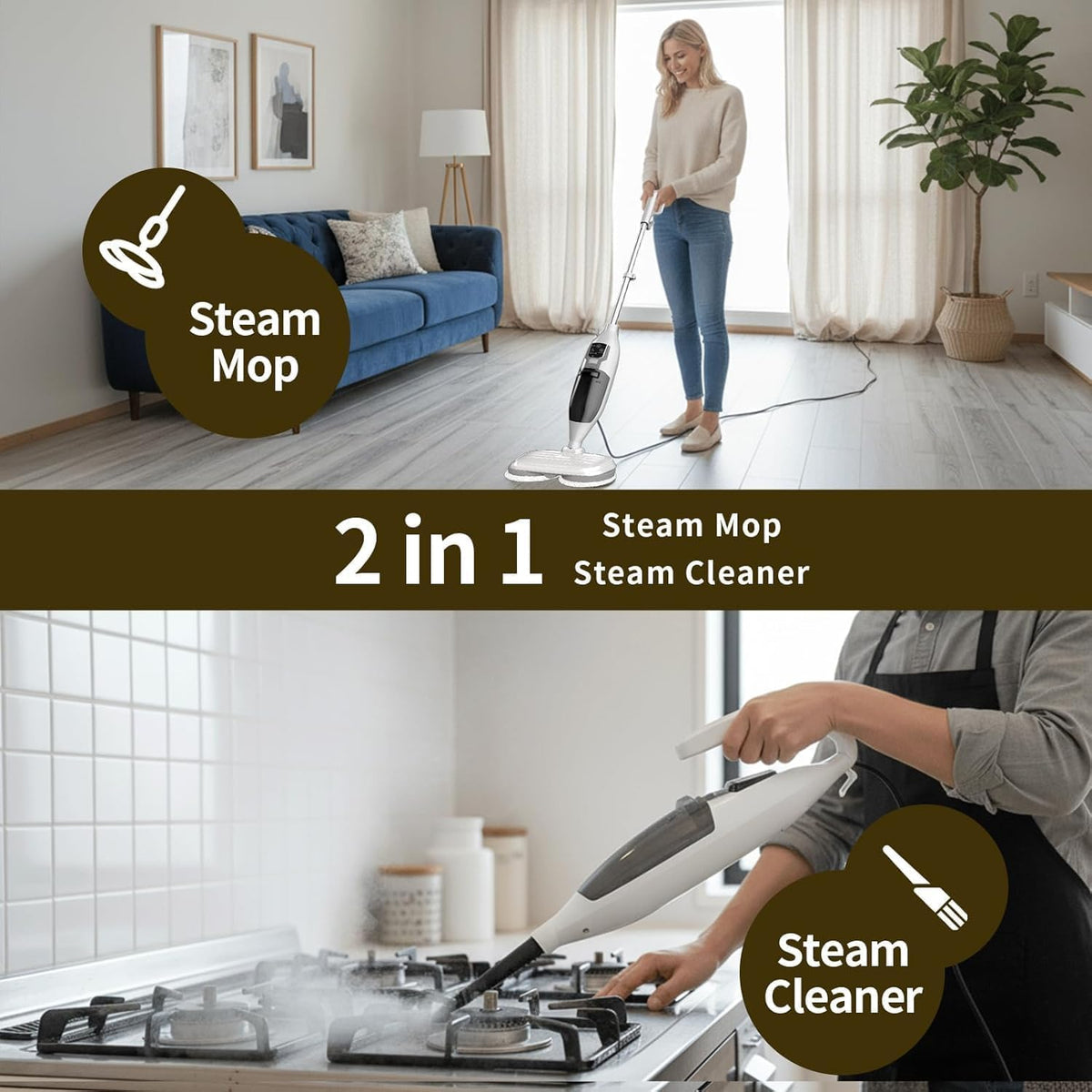 PUREBEAR 300°F Scrub & Steam Mop, Steam Cleaner With 13 Accessories Steamer Cleaning For Sealed Hardwood Floors, Stain, Dirt, Grout, Windows| 3 Steam Settings| 4 Reusable Pads