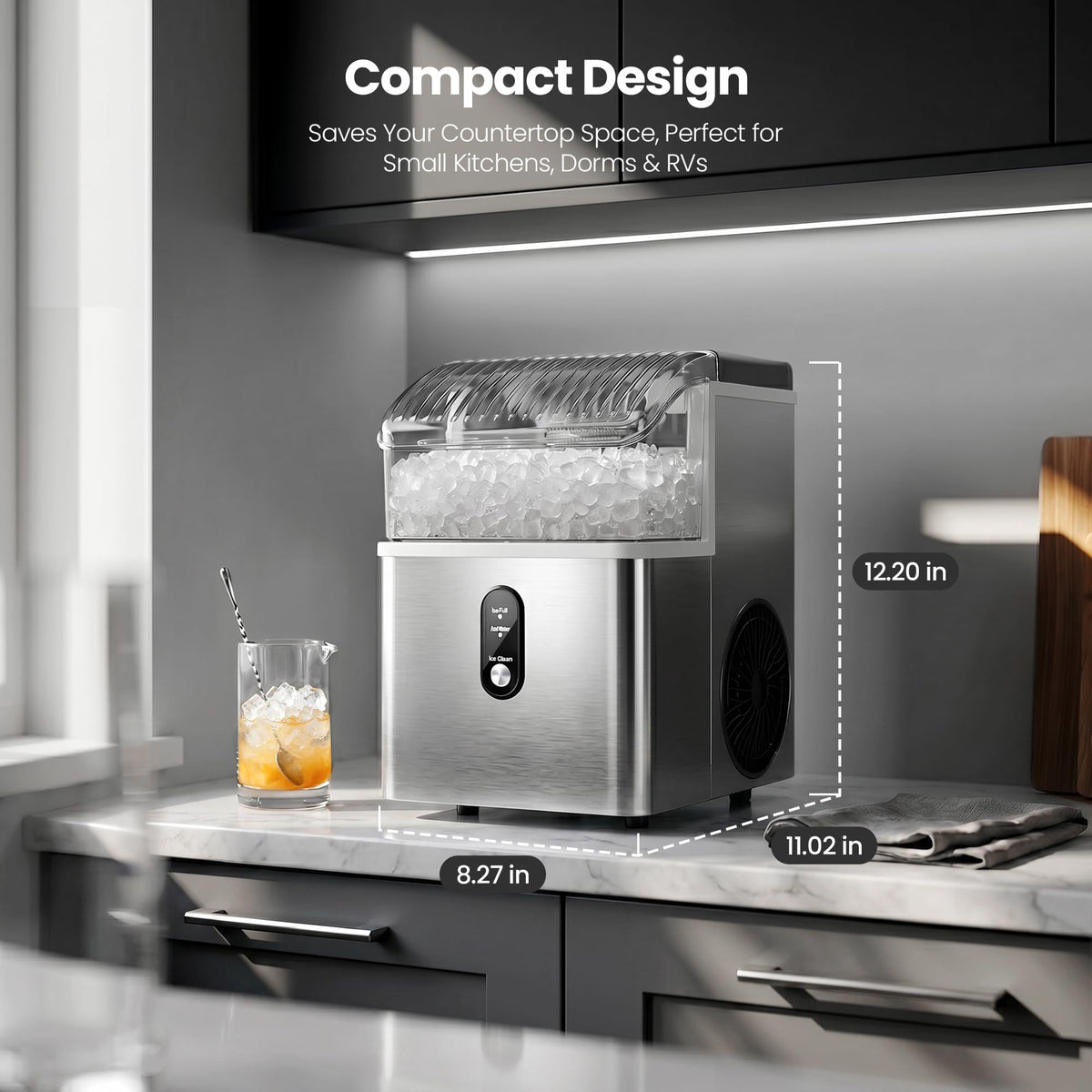 Crzoe Nugget Ice Maker Countertop, 35lbs/Day, Portable Pebble Ice Machine Sonic Crushed Ice Maker Countertop, Ready in 7 Mins, 43 dB Quiet, Self-Cleaning, for Home/Office, Stainless Steel Silver