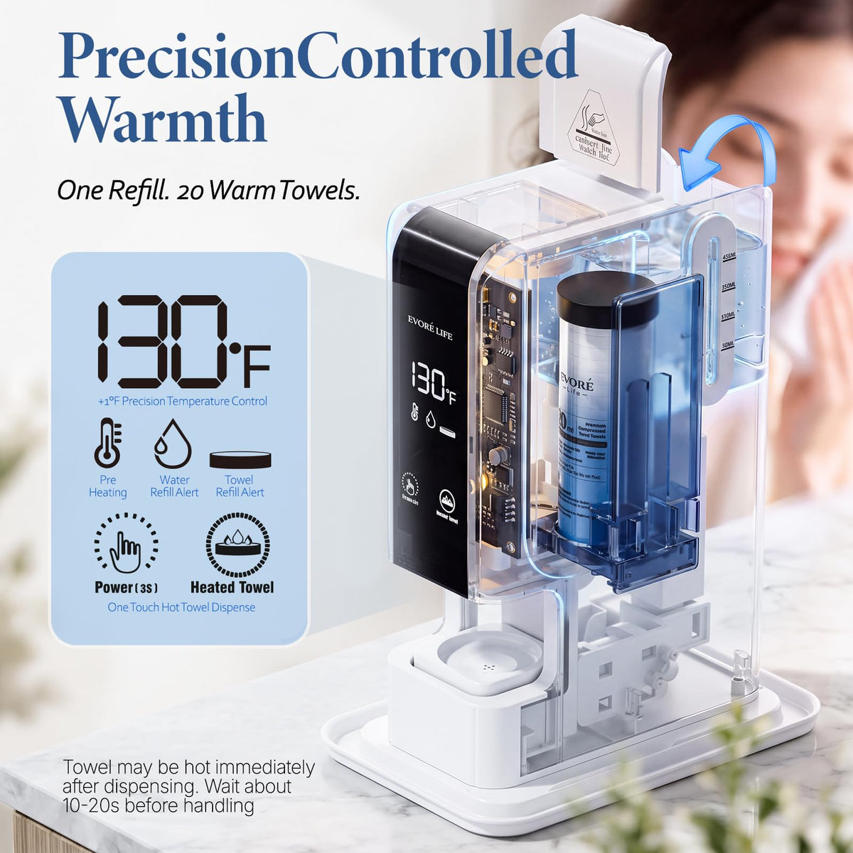 Hot Towel Dispenser 5s Heating 80PCS Compressed Towels White 131°F Constant Temperature Hot Face Towel Warmer Dispenser Quiet 45dB for Bathroom,Salon,Home SPA,Skincare