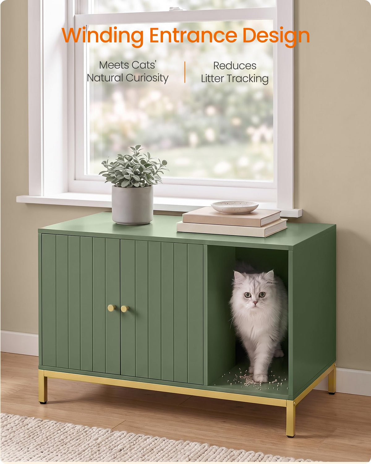 Feandrea Cat Litter Box Enclosure, with Scratching Mat, Tall Legs Hidden Cat House, Side End Table, 31.5 x 19.7 x 21.7 Inches, Forest Green and Gold