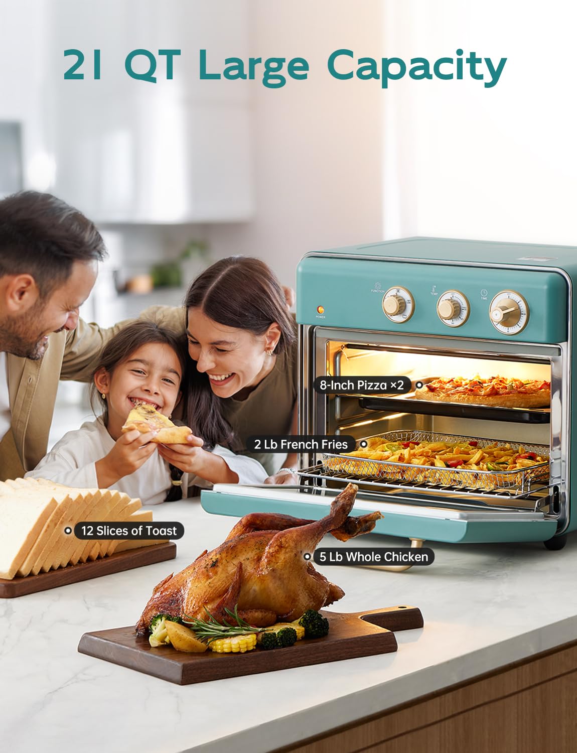 Neretva 21 QT Capacity and 6-in-1 Multifunctional Toaster Oven & Air Fryer Compact Toaster Ovens Countertop, 1500W Rapid Heat and All Stainless Steel Use for Bake/ Toast/ Broil/ Air Fryer/ Defrost