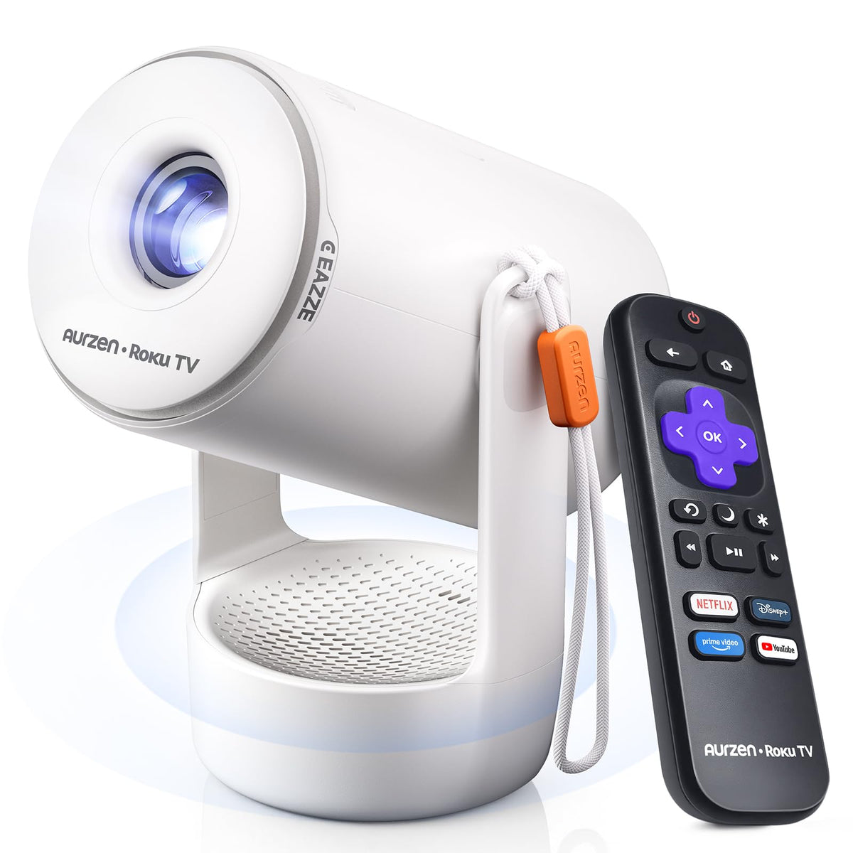 Aurzen Roku TV E1R Smart Portable Mini Projector with WiFi and Bluetooth Roku TV Built-in, Upgraded Sound Base, 180° Rotation, Auto Vertical Keystone, Zoom, Portable for Home Movie/Bedroom/Outdoor