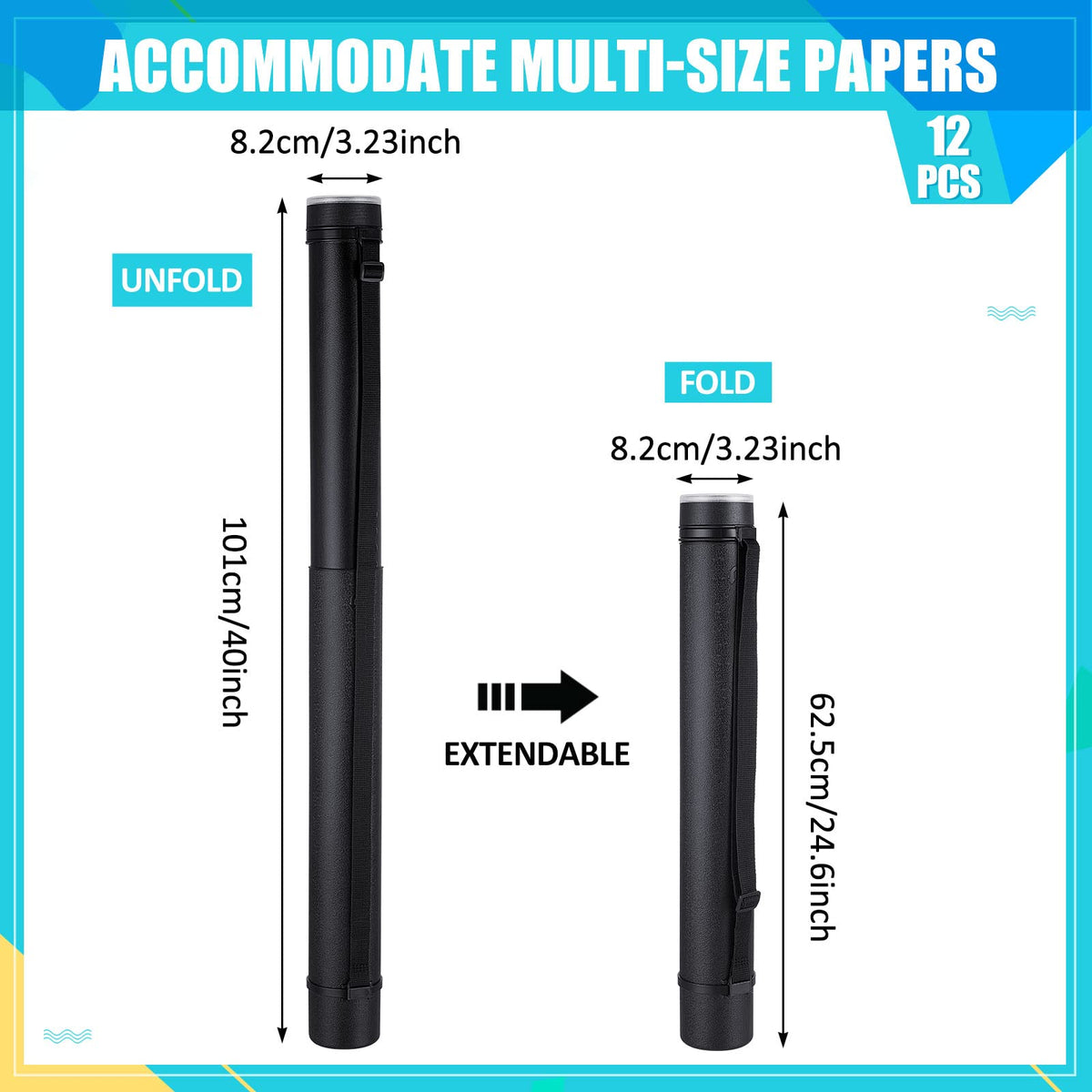 Henoyso 12 Pcs Extendable Poster Tube Bulk from to with Strap, L Portable & Waterproof Black Plastic Blueprint Holder with Label Lid for Artworks, Maps, Posters, Documents