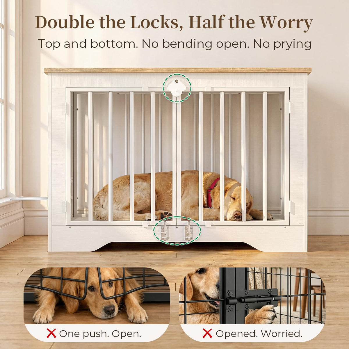 Dog Crate Furniture 38in, Wooden Indoor Pet Kennel End Table Modern farmhouse wooden indoor kennel with 360 Degree feeder door, double latches, solid base for medium dogs, Natural White