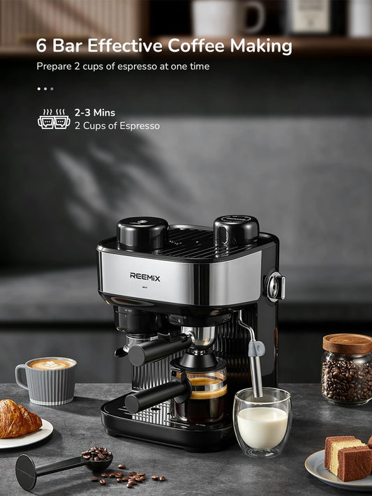 Reemix 6 Bar Espresso Machine with Built-in Conical Burr Grinder Fixed Pre-Set Grind Dose & Size, No Manual Adjustments Needed, Brews 2 Cups at Once, Simple Operation for Home Baristas