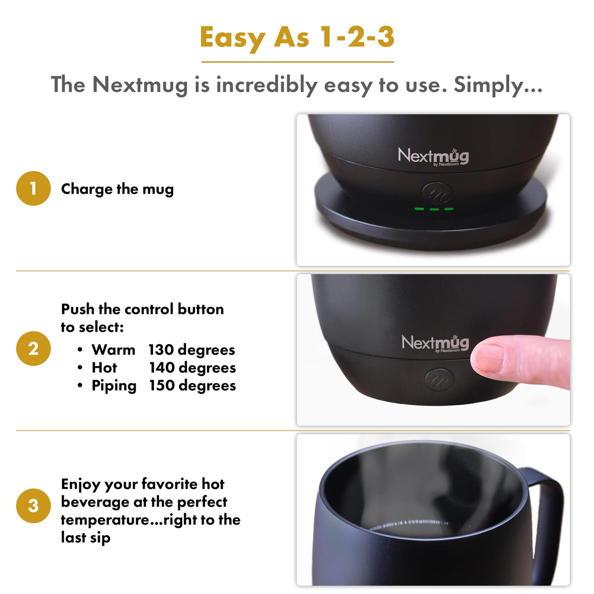 Nextmug - Temperature-Controlled, Self-Heating Coffee Mug (Black - 14 oz.) – No App, Long-Lasting Battery for Work & Study, Great Gift for Coffee Lovers