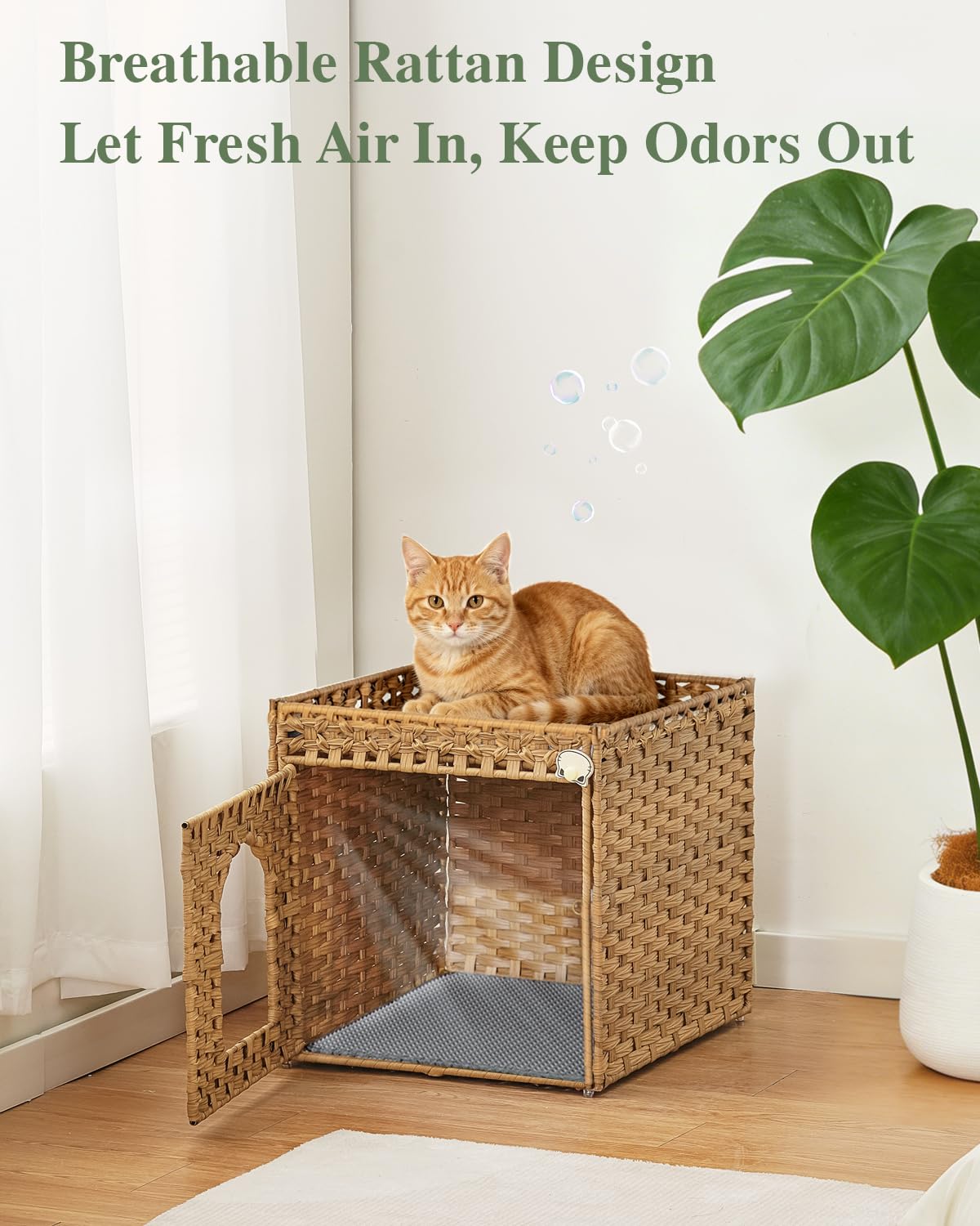 SETVSON Cat Litter Box Enclosure Furniture, Hidden PE Rattan, Natural PE Rattan Kitty House with Top Fence, Fits Standard Litter Box, Included Litter Mat, 2 S-Hooks, Sturdy Metal Frame