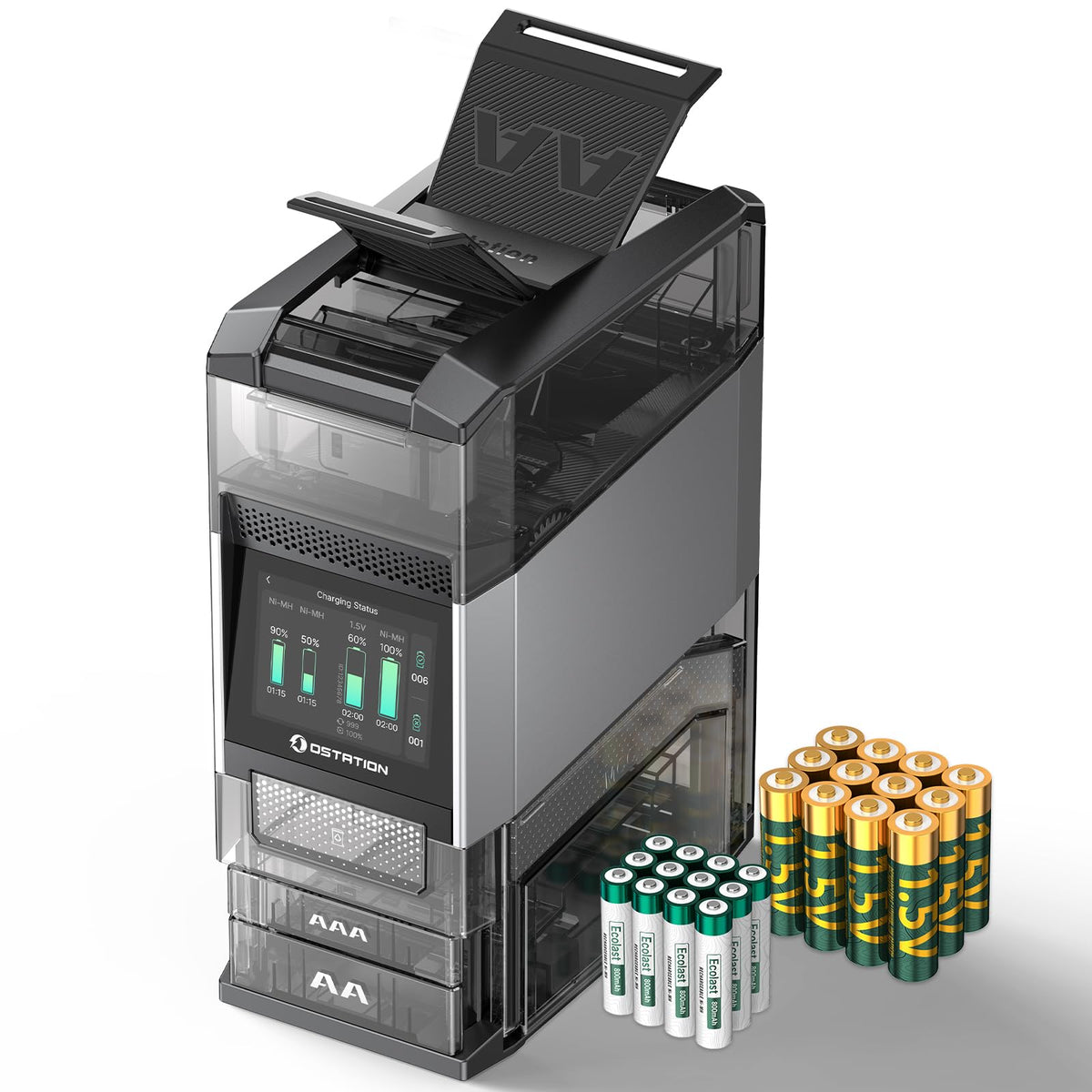 Ostation 2 Pro AA AAA Rechargeable Battery Charging Station w/ 24 Batteries 12 AA Li-ion & 12 AAA NiMH Batteries, Polarity-Free, 3 in 1 Charger Organizer Tester for Gamers, Cameras & Smart Homes