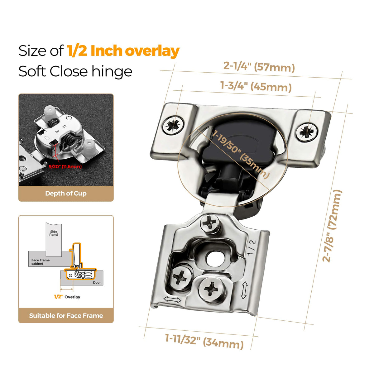Soft Close Hinges for Kitchen Cabinet Hinges, 1/2 Inch Overlay, 60 Pack 30 Pairs, self Closing Motion, Concealed Cabinet Fit, Stainless Steel, Satin Nickel, Hidden Hinges, for Face Frame Door