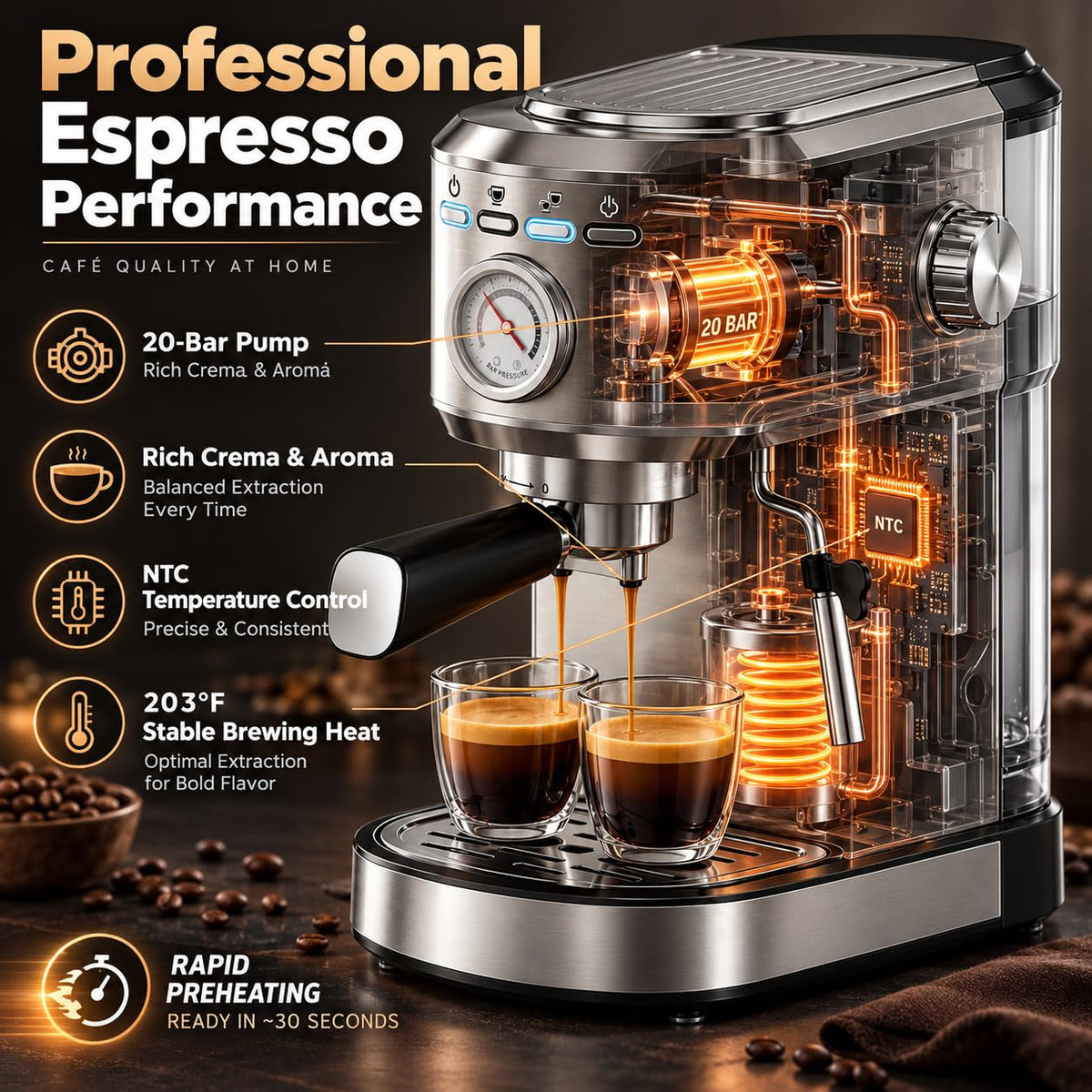 Simple Deluxe Espresso Machine, Compact, Milk Frother Steam Wand, 4 Modes Stainless Steel, 20-Bar Pump, NTC Temp Control, Built-in Pressure Gauge, 34oz Removable Water Tank for Latte & Cappuccino