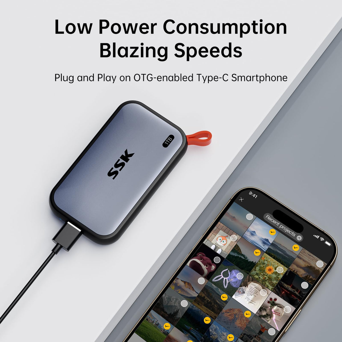 SSK Portable SSD 1TB External Solid State Hard Drive USB C Up to 1050MB/s USB3.2 Gen2 A&C Cable, SMART TRIM, LED Light, OTG, iPhone 18/17/16/15 Pro Compatible 4KHDR ProRes, Aluminum
