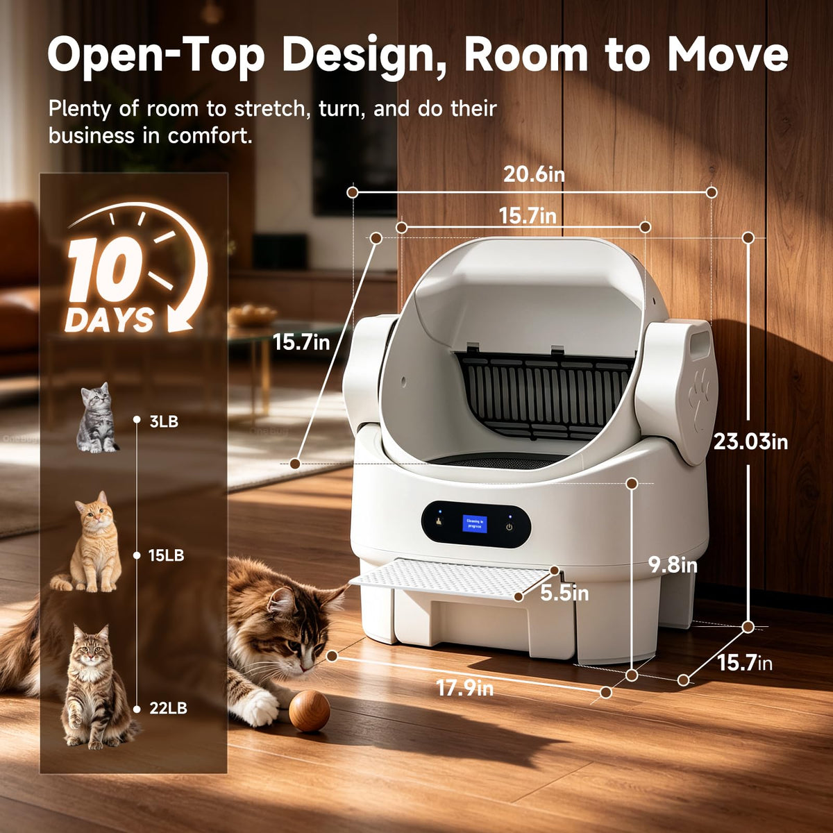 Self Cleaning Open Top Automatic Multiple Cat Litter Box, White Multi-Sensor Safety, Ultra-Quiet, Large Waste Bin, Easy Setup, Easy Clean, for Multi-Cat Homes