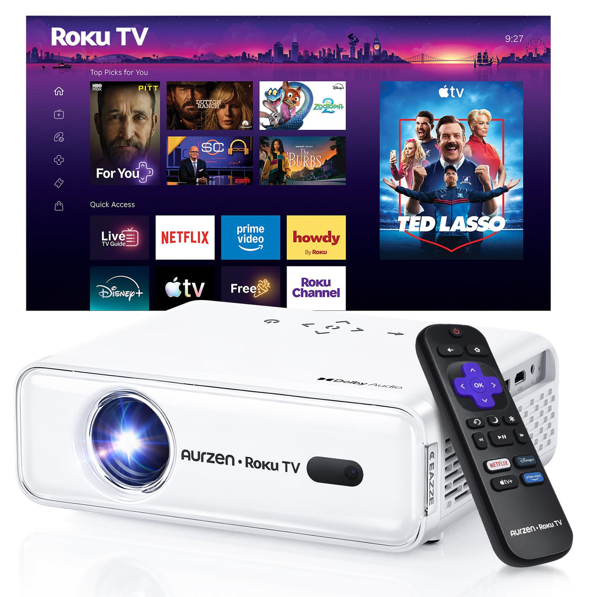 Aurzen Roku TV D1R Smart Portable Outdoor Projector with WiFi and Bluetooth Roku TV Built-in, All Top Apps, 1080P FHD, DoIby Audio, Auto Focus & Keystone, Zoom, Mini Projector for Home & Outdoor Movies