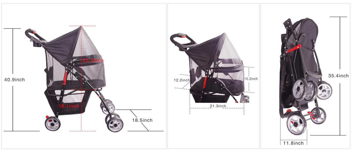 Full-Window pet Stroller 4 Wheels for Cats & Dogs, with Storage Basket,Cup Holder, Travel Puppy/Cats Stroller.
