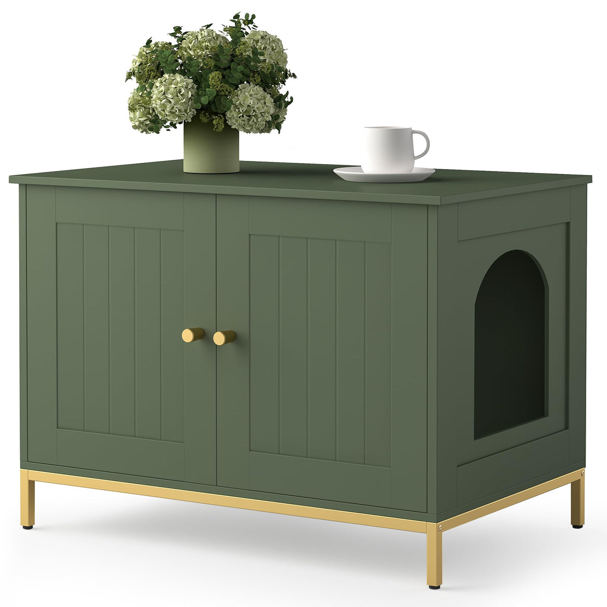 Homhedy 28.3" L Cat Litter Box Enclosure with Metal Frame, Green and Gold Hidden Litter Box Furniture, Cat House, Pet Storage Cabinet, Fit Most of Litter Box, End Table, Morden Style