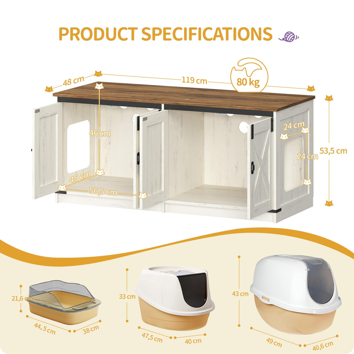 Hzuaneri Cat Litter Box Enclosure for 2 Cats, Hidden Litter Box Furniture Cat Cabinet with Double Room, Indoor Cat Washroom Dog-Proof, Farmhouse Style, 46.7 x 18.9 x 21.1, Rustic Brown White CB85314X