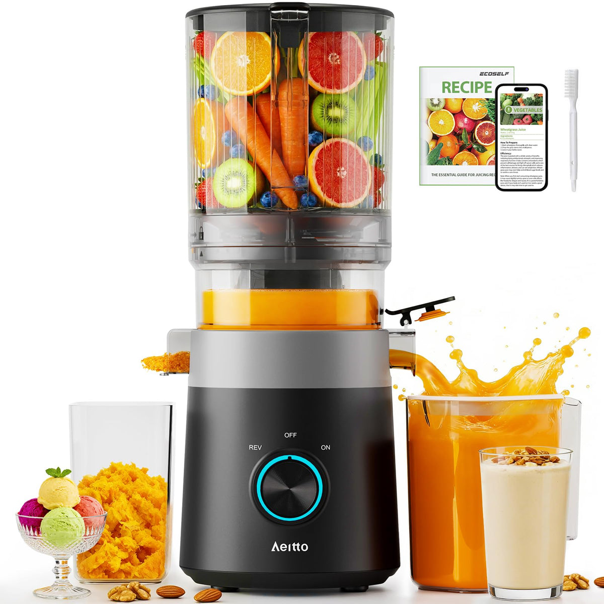 Aeitto 3-in-1 Juicer Machines, 6.0" Wide Mouth, Mesh-Free Easy to Clean Juice, Sorbet & Nut Milk | Cold Press Juicer for Whole Fruits & Vegetables | 100oz Capacity | Reverse Function | With Brush