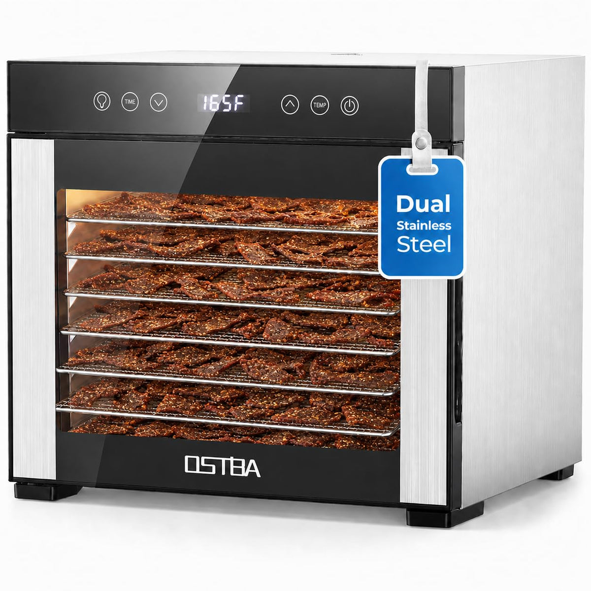 OSTBA Food Dehydrator with 8 Trays, 650W Dryer, 95–165°F Temp, 48H Timer ETL Certified | Double-Layer Stainless Steel | Dishwasher Safe | Food-Grade | LED Display | Low Noise | Recipe Included